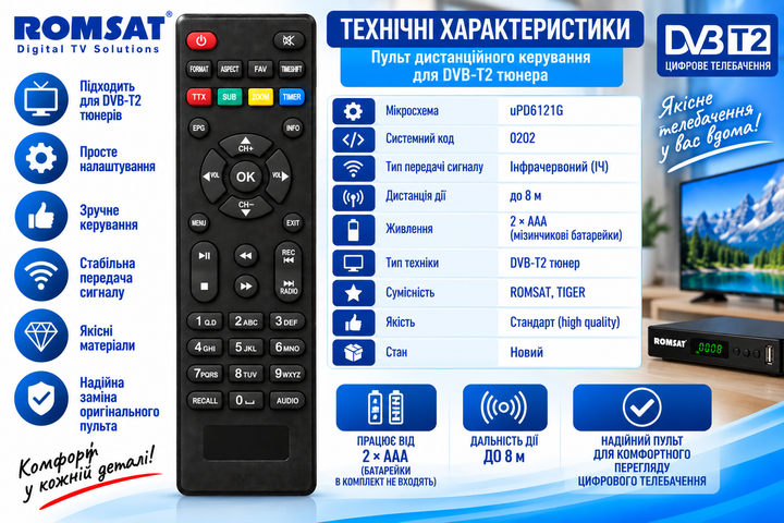 Пульт ДУ для DVB-Т2 тюнера ROMSAT T8005HD, T8008HD, T8015HD, T8011HD, T8030HD, T8050HD - Фото 3 Пульт ДУ для DVB-Т2 тюнера ROMSAT T8005HD, T8008HD, T8015HD, T8011HD, T8030HD, T8050HD - изображение 3