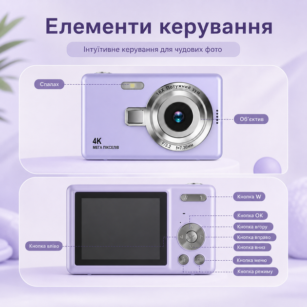 Компактна цифрова камера 4K 48 МП з автофокусом, 16× цифровим зумом, IPS-екраном 2,8″ та акумулятором 650 мА·год - зображення 3