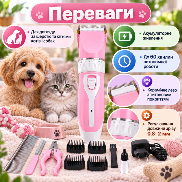 Набір для грумінгу тварин MaxMara Pro MX-250 3 Вт акумуляторний тример для котів собак 4 насадки 3/6/9/12 мм керамічне лезо машинка для стрижки кігтів і шерсті - зображення 3