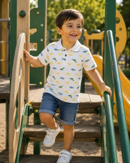 Футболка-поло с динозаврами Kiddo белый 110 см - Фото 2 Футболка-поло с динозаврами Kiddo белый 110 см - изображение 2