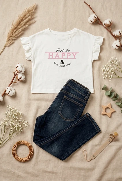Футболка молочна з рюшами та написом "Just be Happy" Kiddo молочний 110 см - Фото 3 Футболка молочна з рюшами та написом "Just be Happy" Kiddo молочний 110 см - зображення 3