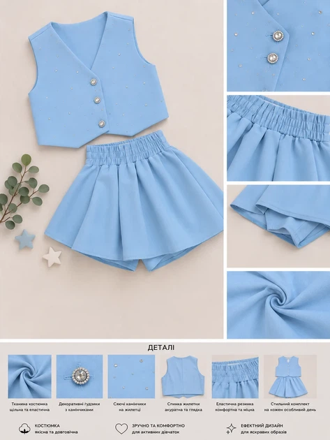 Комплект-двойка «Princess Style» жилетка и юбка-шорты Kiddo голубой 104 см - Фото 3 Комплект-двойка «Princess Style» жилетка и юбка-шорты Kiddo голубой 104 см - изображение 3