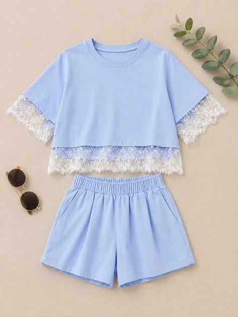 Костюм с кружевом «Lace Summer» Kiddo голубой 140 см - Фото 3 Костюм с кружевом «Lace Summer» Kiddo голубой 140 см - изображение 3