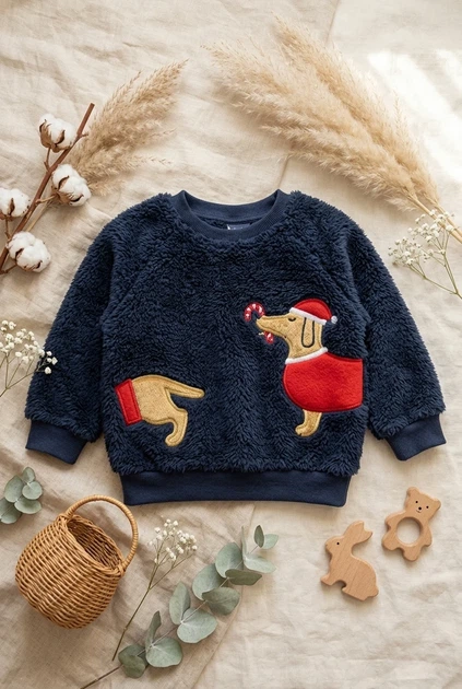 Кофта флисовая с аппликацией таксы в шапке Санты Kiddo темный синий 80 см - изображение 3