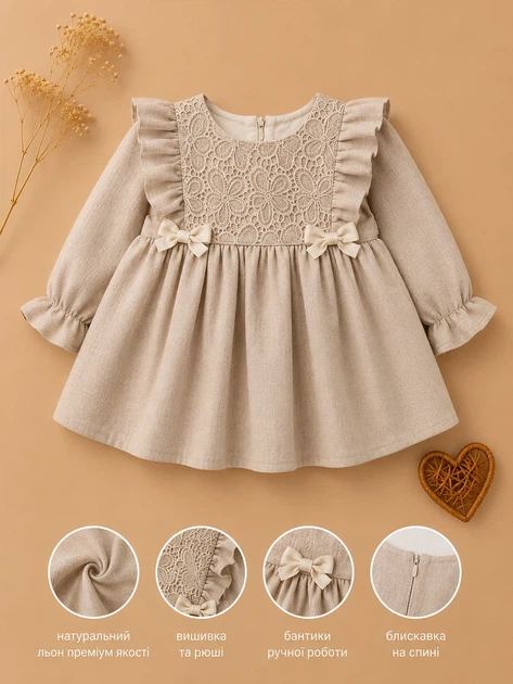 Платье льняное для девочки с кружевом “Linen Lace” Kiddo бежевый 74 см - изображение 3