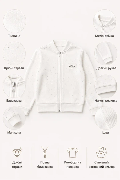 Кофта белая на молнии с мелкими стразами и длинным рукавом Kiddo белый 116 см - Фото 3 Кофта белая на молнии с мелкими стразами и длинным рукавом Kiddo белый 116 см - изображение 3