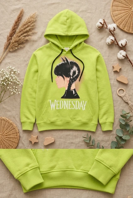 Худи детское для девочки с принтом Wednesday Kiddo салатовый 134 см - изображение 3
