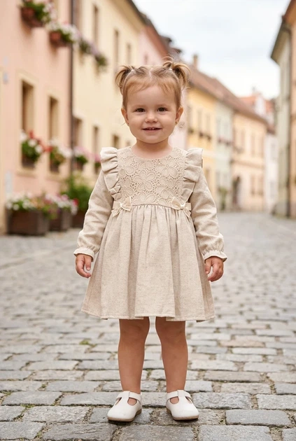 Платье праздничное из льняной ткани с кружевным лифом и бантиками Kiddo бежевый 92 см - Фото 1 Платье праздничное из льняной ткани с кружевным лифом и бантиками Kiddo бежевый 92 см - изображение 1