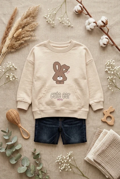 Кофта с зайчиком и карманом-кенгуру для девочки Kiddo бежевый 116 см - Фото 3 Кофта с зайчиком и карманом-кенгуру для девочки Kiddo бежевый 116 см - изображение 3