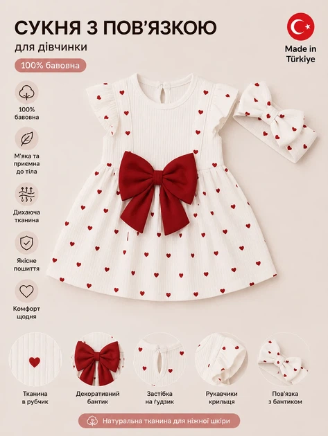 Платье «Amore» с повязкой Kiddo белый 68 см - Фото 3 Платье «Amore» с повязкой Kiddo белый 68 см - изображение 3