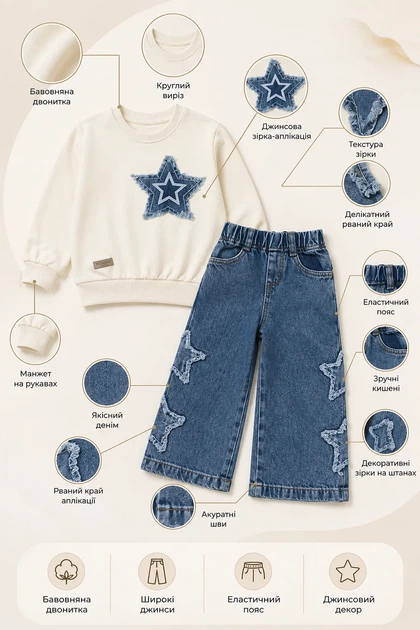 Комплект-двойка для девочки Denim Star Kiddo молочный 110 см - Фото 3 Комплект-двойка для девочки Denim Star Kiddo молочный 110 см - изображение 3
