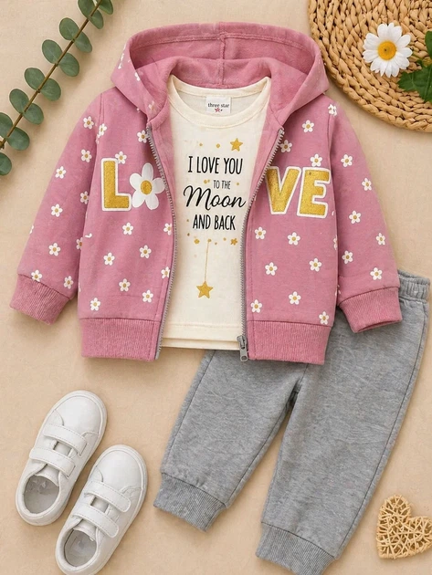 Костюм-тройка для девочки LOVE FLOWER Kiddo серый с розовым 80 см - изображение 3