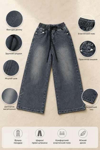 Джинси Wide Leg Denim Kiddo Сіро-блакитний розмір 164 (KIDDO-967F2FD716BC4A86AF9EA093BF018353) - Фото 3 Джинси Wide Leg Denim Kiddo Сіро-блакитний розмір 164 (KIDDO-967F2FD716BC4A86AF9EA093BF018353) - зображення 3