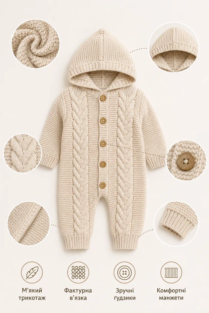 Комбинезон вязаный Little Cozy Kiddo молочный 74 см - Фото 3 Комбинезон вязаный Little Cozy Kiddo молочный 74 см - изображение 3