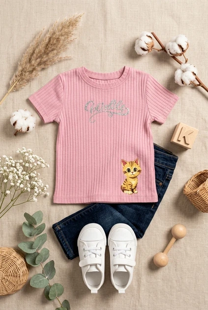 Футболка в рубчик с котенком для девочки Kiddo розовый 92 см - изображение 3