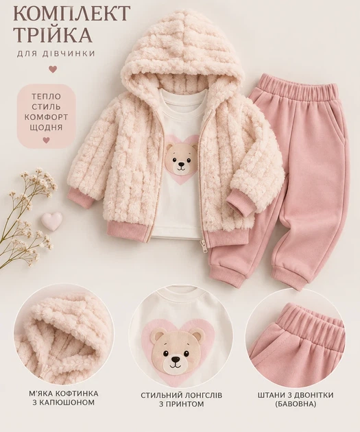 Комплект-трійка з пухнастою кофтою Teddy Kiddo Молочна пудра розмір 74 (KIDDO-883B34A44DB64A8F9F04B41FD02FEA30) - Фото 2 Комплект-трійка з пухнастою кофтою Teddy Kiddo Молочна пудра розмір 74 (KIDDO-883B34A44DB64A8F9F04B41FD02FEA30) - зображення 2