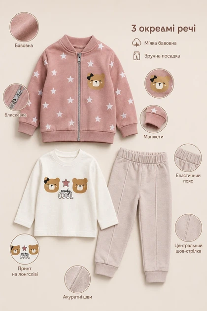Костюм-трійка для дівчинки Teddy Stars Kiddo пудровий 98 см - Фото 3 Костюм-трійка для дівчинки Teddy Stars Kiddo пудровий 98 см - зображення 3