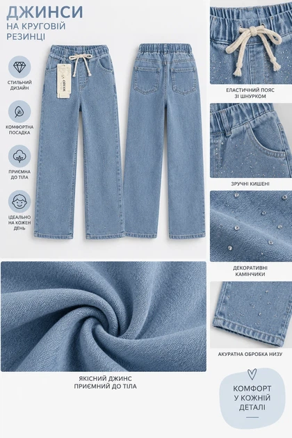 Джинси Shiny Denim на круговій резинці Kiddo Блакитний розмір 134 (KIDDO-851C3C00E1974F5E82492B7F95CB68E1) - зображення 3