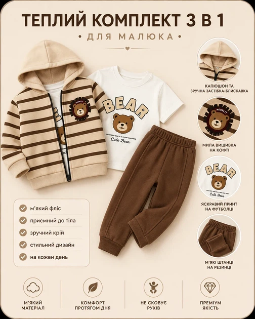 Комплект детский флисовый в полоску с аппликацией мишки Kiddo бежевый, коричневый 80 см - изображение 3