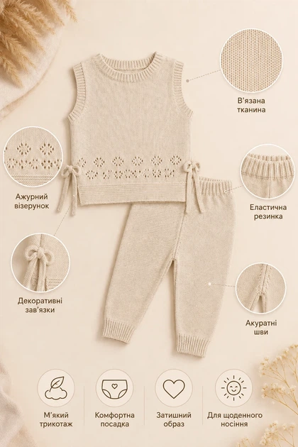 Комплект-трійка в’язаний Cozy Baby Kiddo бежевий 74 см - Фото 3 Комплект-трійка в’язаний Cozy Baby Kiddo бежевий 74 см - зображення 3