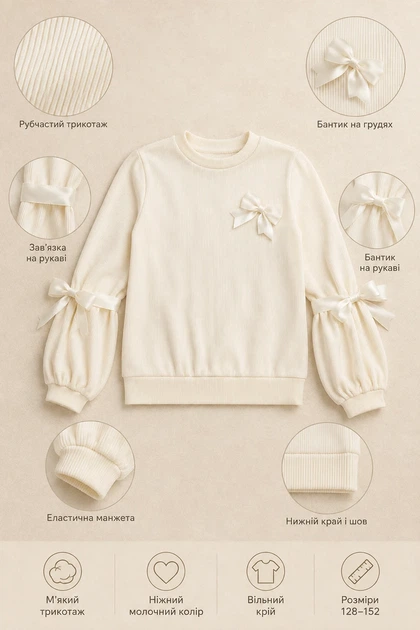 Кофта Romantic Bow Kiddo Молочний розмір 140 (KIDDO-0335FC995F884A098E0F4E1C6B9EB338) - Фото 3 Кофта Romantic Bow Kiddo Молочний розмір 140 (KIDDO-0335FC995F884A098E0F4E1C6B9EB338) - изображение 3