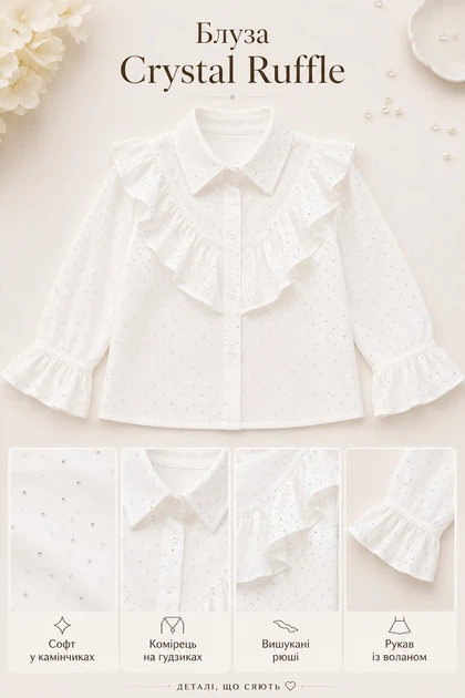 Блуза для дівчинки Crystal Ruffle Kiddo Білий розмір 134 (KIDDO-E11FD514DDB24D32BCF254857B3E6C62) - зображення 3