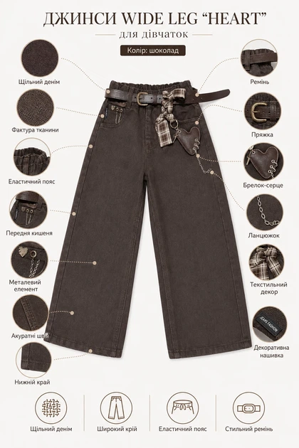 Джинси трендові Wide Leg «Heart» Kiddo Шоколад розмір 116 (KIDDO-E1F2EBF0C92E48909CE1D623610007DE) - зображення 3