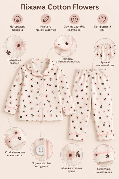Піжама для дівчинки Cotton Flowers Kiddo Пудра розмір 92 (KIDDO-8E9CA22D7F7A4D259BF0C658DADBC379) - зображення 4