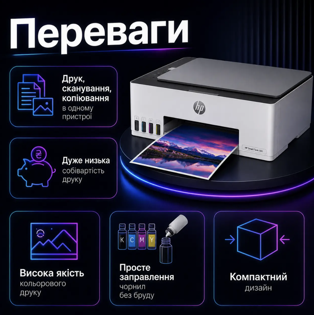 МФУ HP Smart Tank 580 3в1 A4 струйный цветной Wi-Fi USB Bluetooth 4800×1200 dpi СНПЧ Принтер сканер копир для дома офиса учебы - Фото 2 МФУ HP Smart Tank 580 3в1 A4 струйный цветной Wi-Fi USB Bluetooth 4800×1200 dpi СНПЧ Принтер сканер копир для дома офиса учебы - изображение 2