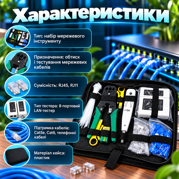 Набір мережевих інструментів RJ45/RJ11 для обтиску кабелю LAN-тестер Стрипер кліщі Cat5e Cat6 Комплект для монтажу та діагностики в кейсі - Фото 4 Набір мережевих інструментів RJ45/RJ11 для обтиску кабелю LAN-тестер Стрипер кліщі Cat5e Cat6 Комплект для монтажу та діагностики в кейсі - зображення 4