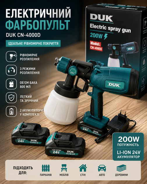Акумуляторний фарбопульт DUK CN-4000D 200 Вт, бак 1000 мл, 2 акумулятори 24V, регулювання розпилення - Фото 6 Акумуляторний фарбопульт DUK CN-4000D 200 Вт, бак 1000 мл, 2 акумулятори 24V, регулювання розпилення - изображение 6
