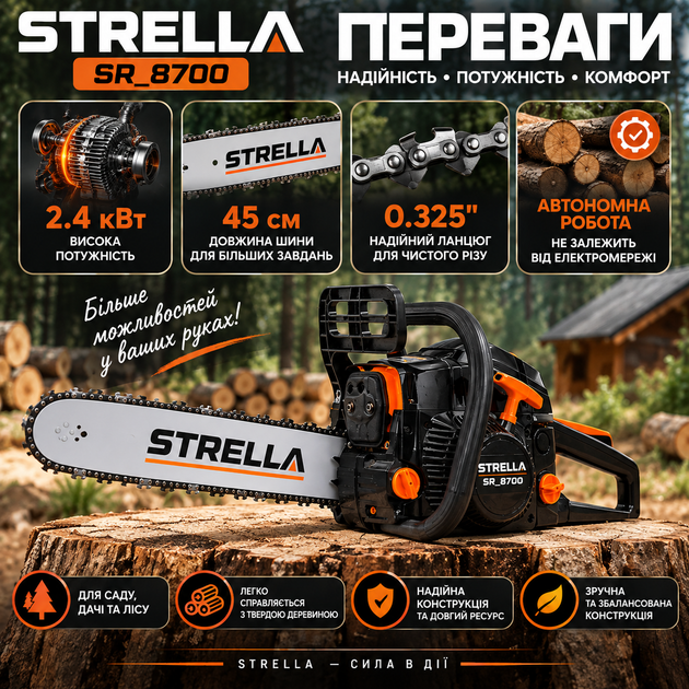 Бензопила STRELLA SR-8700 2,4 кВт с шиной 45 см, бензиновая цепная пила для дров и сада - изображение 3