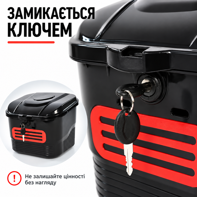 Кошик велосипедний передній пластиковий із кришкою та замком 34×30×26 см Чорно-червоний - Фото 3 Кошик велосипедний передній пластиковий із кришкою та замком 34×30×26 см Чорно-червоний - зображення 3