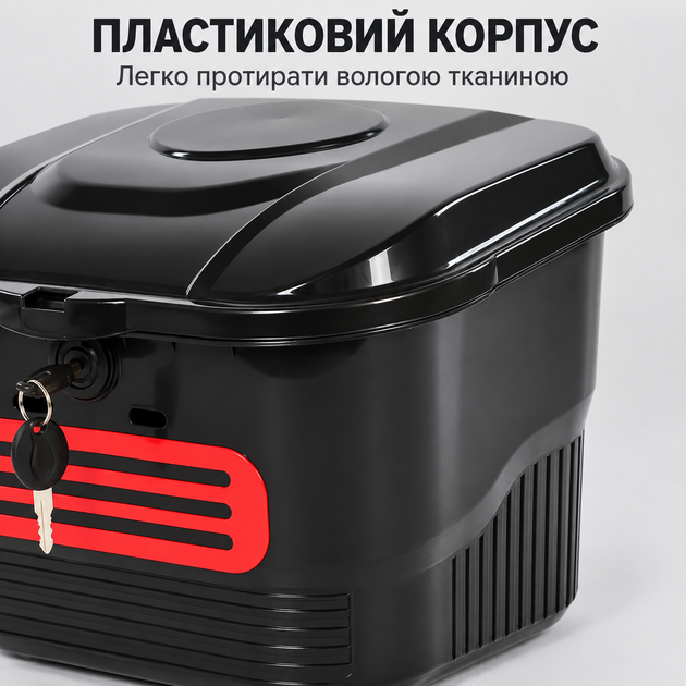 Кошик велосипедний передній пластиковий із кришкою та замком 34×30×26 см Чорно-червоний - Фото 6 Кошик велосипедний передній пластиковий із кришкою та замком 34×30×26 см Чорно-червоний - зображення 6