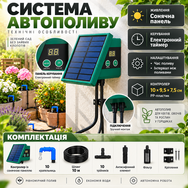 Система автоматического капельного полива на солнечной батарее автополив с таймером на 10 растений капельный полив со шлангом 10 м автономная система полива для теплицы сада вазонов балкона - изображение 2