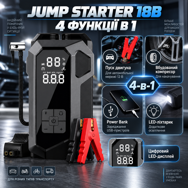 Пусковое устройство JUMP STARTER 18B 4в1 2000 А автомобильный бустер 16000 мА·ч для запуска двигателя 12 В с компрессором Power Bank LED фонариком цифровым дисплеем и пусковыми кабелями - изображение 2