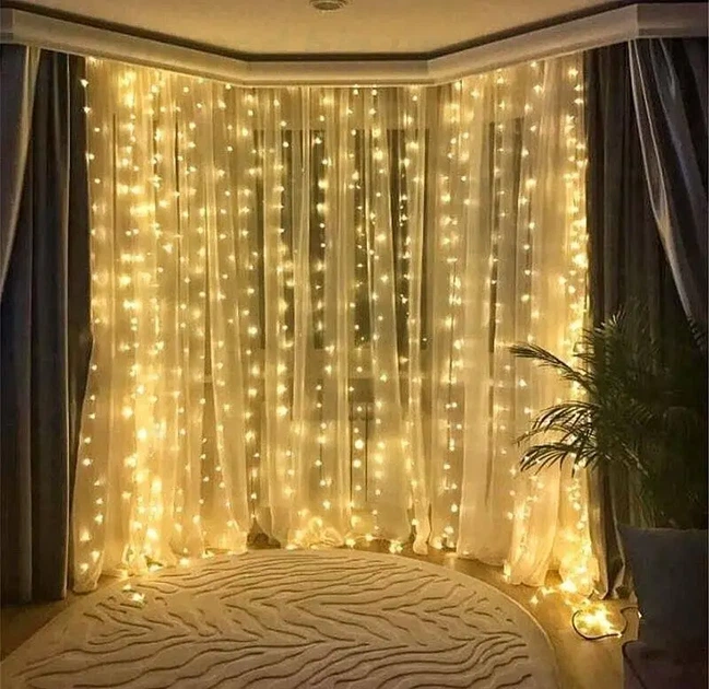 Гірлянда-штора Роса LED з пультом 3*3 м, 8 режимів світіння, Крапля Роси, Теплий/Жовтий колір - зображення 4
