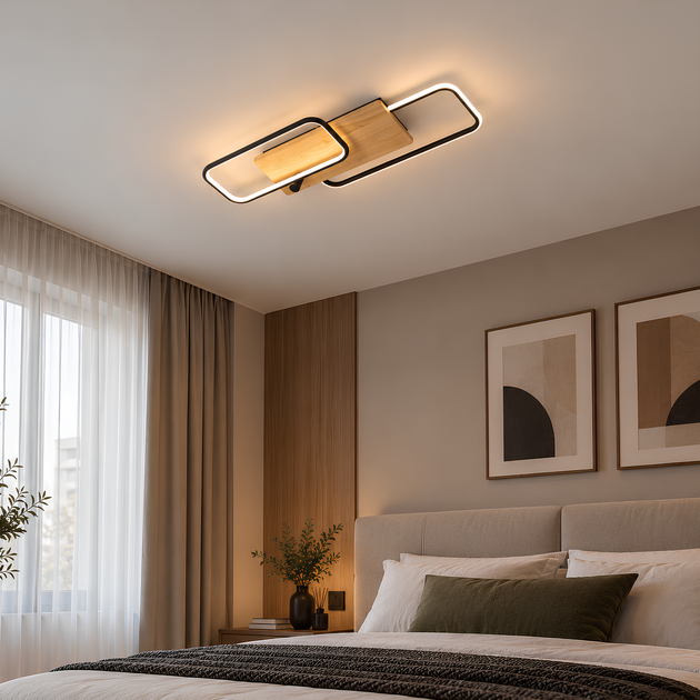 LED люстра стельова з пультом ДК 72W два прямокутних контури 3000-6500K каркас чорний метал/дерево Svet SY-33046/1+1 MB+YMW - зображення 6