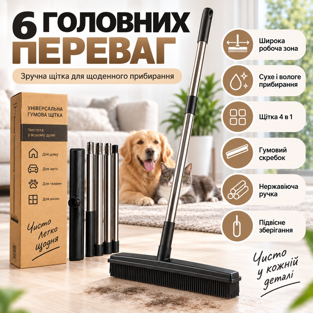 Універсальна гумова щітка-швабра 4 в 1 для підлоги, килимів, шерсті та вікон, ручка з нержавіючої сталі KT9005102 - зображення 6