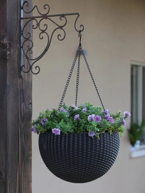 Горшок для растений пластиковый 8,6 л антрацит Rattan hanging sphere с цепками - изображение 7
