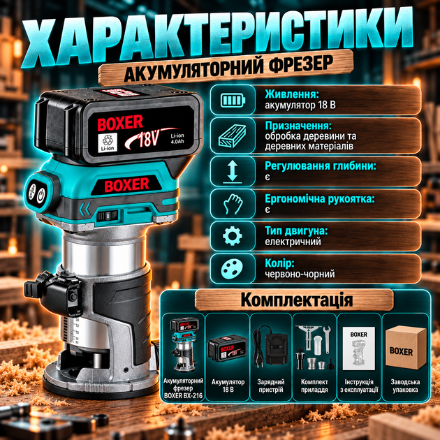 Акумуляторний фрезер BOXER BX-216 18 В 30000 об/хв 3,0 А·год з регулюванням глибини для дерева фанери МДФ ДСП пазів крайок фасок - зображення 3