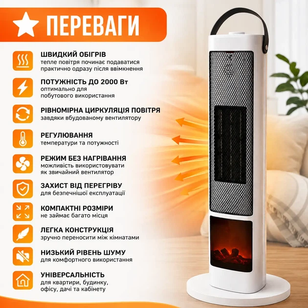 Тепловентилятор Portable Fan Heater 2000 Вт електричний обігрівач для дому офісу дачі з регулюванням температури та захистом від перегріву - изображение 2