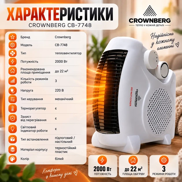 Тепловентилятор Crownberg 2000 Вт електричний обігрівач дуйка з терморегулятором для дому офісу до 22 м² білий - изображение 3