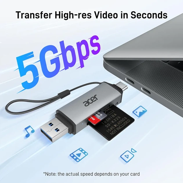 Кард-ридер Acer USB 3.0 + Type-C OTG 2 в 1, считыватель карт памяти SD MicroSD, адаптер для телефона, ноутбука и ПК - Фото 6 Кард-ридер Acer USB 3.0 + Type-C OTG 2 в 1, считыватель карт памяти SD MicroSD, адаптер для телефона, ноутбука и ПК - изображение 6