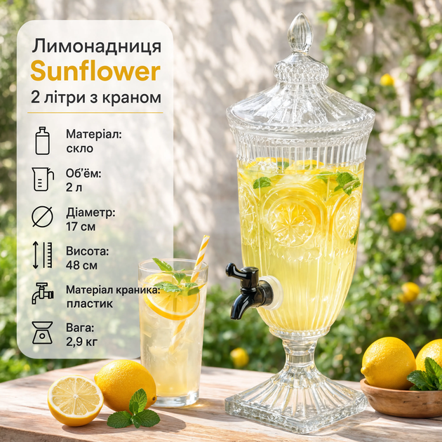Лимонадница стеклянная с краником 2 л на высокой ножке с рельефным орнаментом розеток и крышкой с навершием для лимонада и воды с ягодами на семейный обед и чаепитие на веранде Прозрачный - Фото 1 Лимонадница стеклянная с краником 2 л на высокой ножке с рельефным орнаментом розеток и крышкой с навершием для лимонада и воды с ягодами на семейный обед и чаепитие на веранде Прозрачный - изображение 1