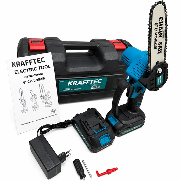 Мини пила аккумуляторная Krafftec 36 В 4 А·ч цепная 1000 Вт шина 6 дюймов сучкорез 15 см автоматическая смазка садовая электропила 10 м с шаг 1 4 беспроводная для обрезки деревьев веток кустов распиливания древесины с 2 АКБ кейсом - изображение 4