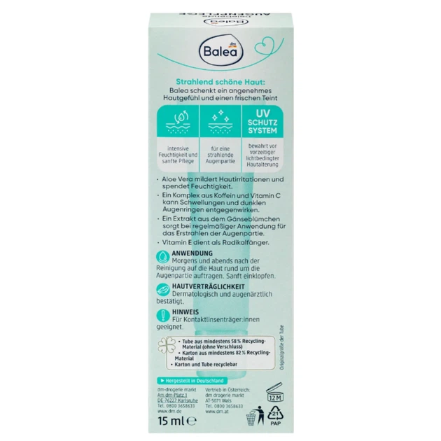 Крем под глаза с 10% алоэ, витамином и кофеином Balea belebende Augencreme, 15 ml - Фото 4 Крем под глаза с 10% алоэ, витамином и кофеином Balea belebende Augencreme, 15 ml - изображение 4