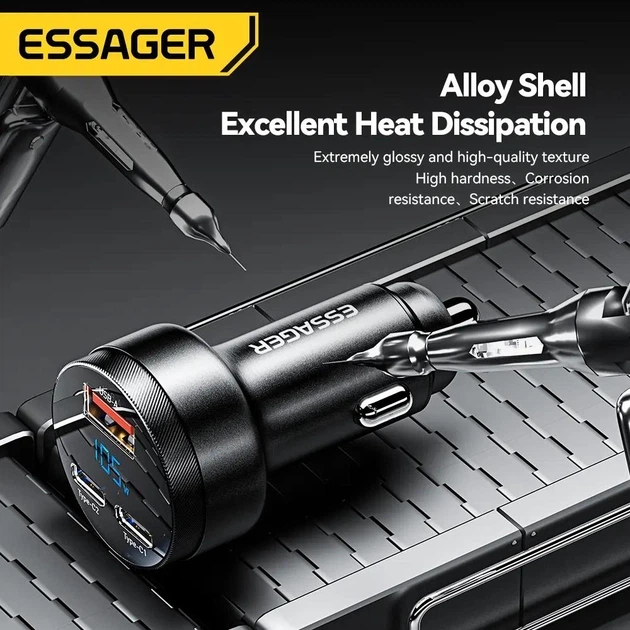 Автомобільний зарядний пристрій ESSAGER 105W QC3.0+PD3.0 Type-C в прикурювач авто на 3 виходи з дисплеєм та вольтметром - Фото 5 Автомобільний зарядний пристрій ESSAGER 105W QC3.0+PD3.0 Type-C в прикурювач авто на 3 виходи з дисплеєм та вольтметром - зображення 5
