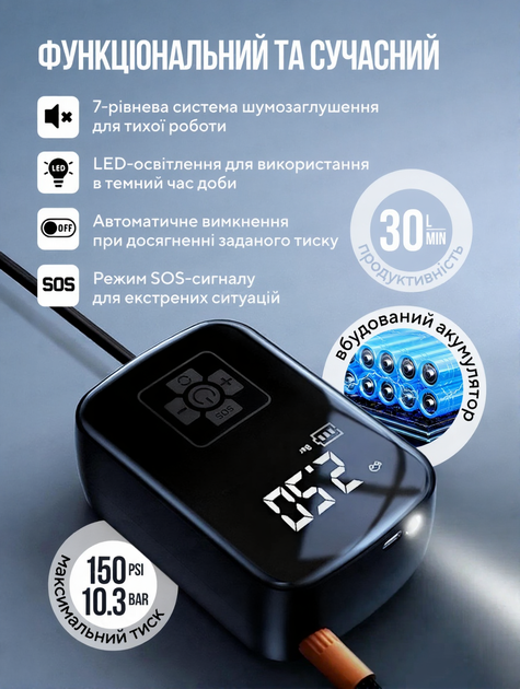 Акумуляторний компресор портативний автомобільний повітряний велосипедний насос для машини шин мотоцикла велосипеда м'яча надувних іграшок та матрасів бездротовий універсальний з ліхтарем цифровим лед дисплеєм манометр мобільний OnePro Чорний 73876 - Фото 3 Акумуляторний компресор портативний автомобільний повітряний велосипедний насос для машини шин мотоцикла велосипеда м'яча надувних іграшок та матрасів бездротовий універсальний з ліхтарем цифровим лед дисплеєм манометр мобільний OnePro Чорний 73876 - зображення 3