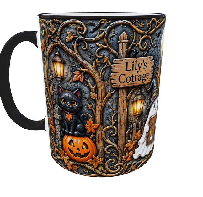 Кружка (чашка) з принтом Lily’s Cottage | Хелловін | Halloween | керамічна 330 мл | чорна ручка - Фото 2 Кружка (чашка) з принтом Lily’s Cottage | Хелловін | Halloween | керамічна 330 мл | чорна ручка - зображення 2